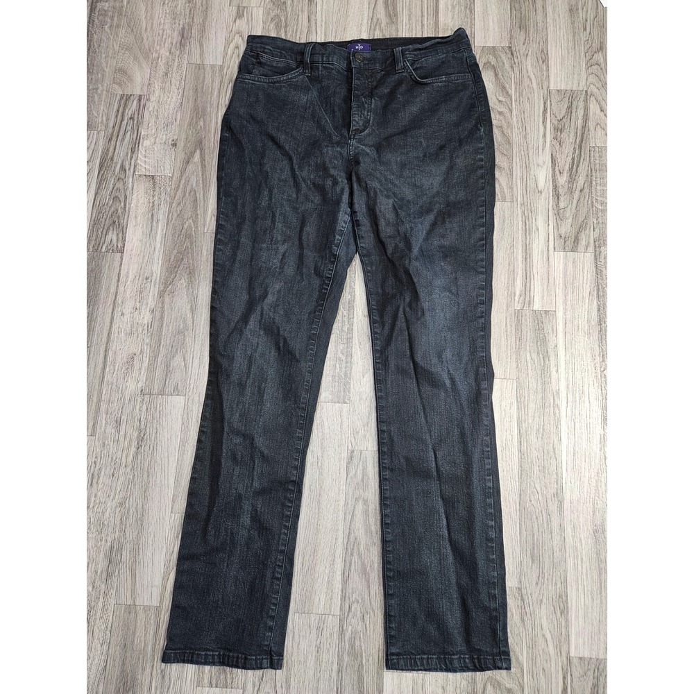 NYDJ Straight Leg Jeans Womens 12 Faded Black Lift Tuck Embellished Pockets